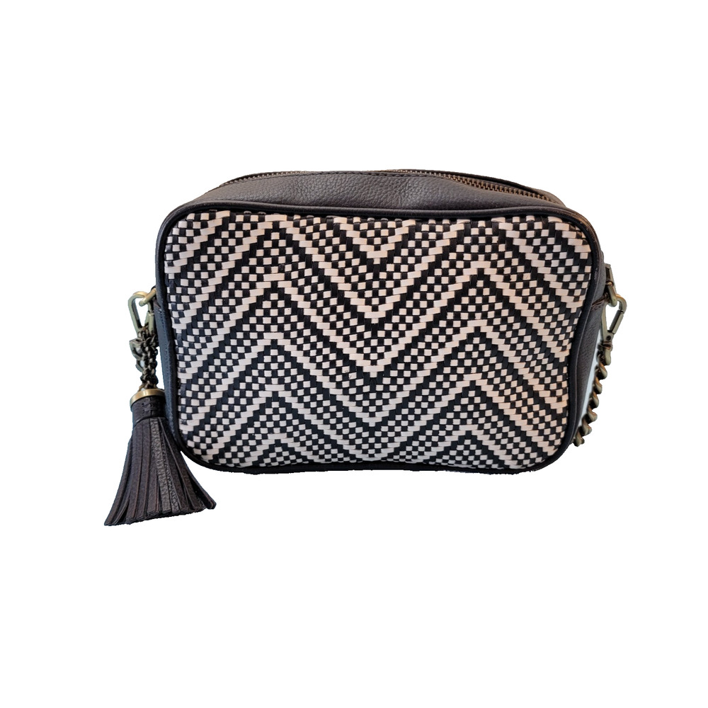 Michael Kors Ginny Woven Leather Crossbody Handbag Purse Navy White Tassel Chain